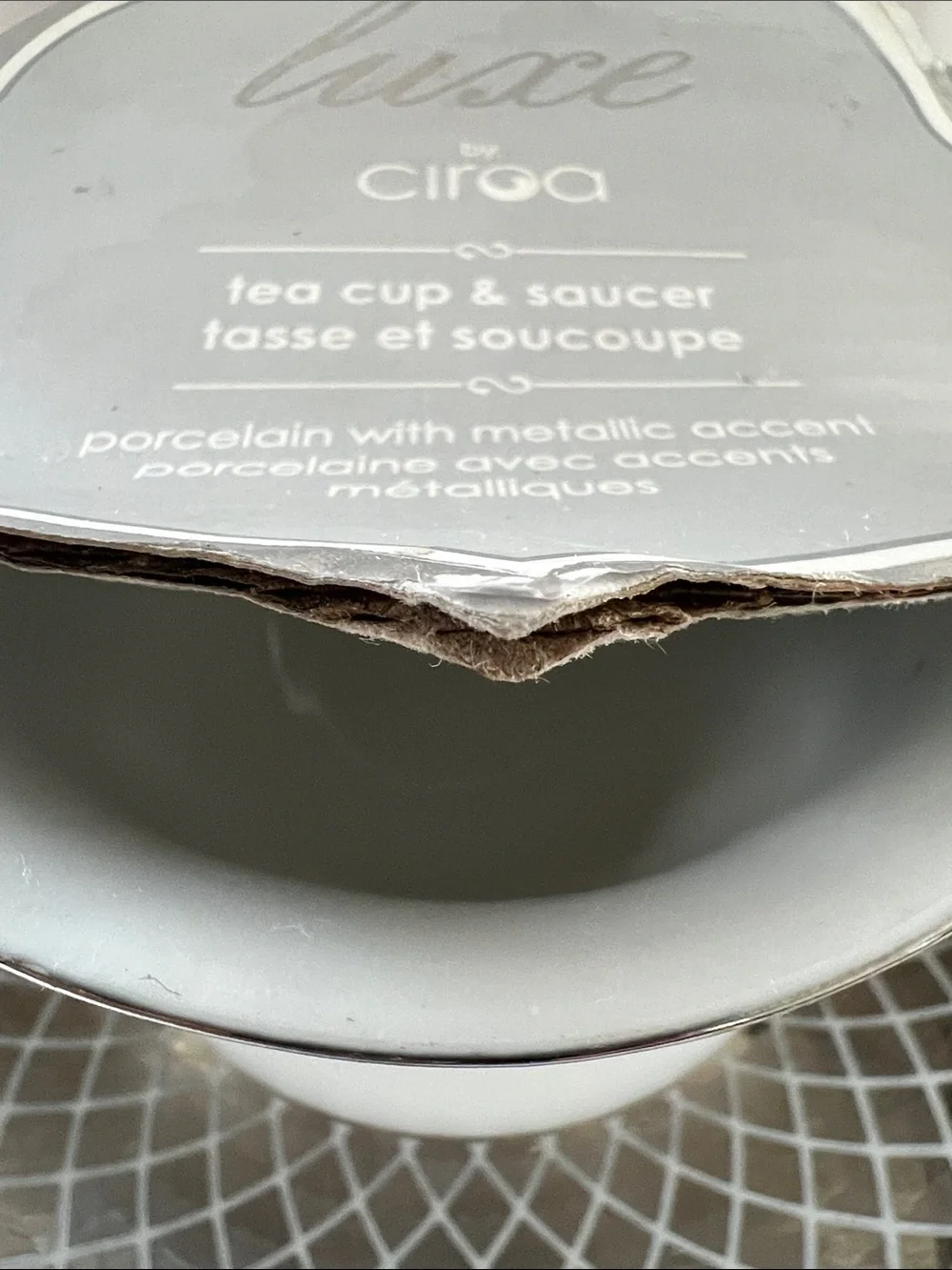 Luxe by Ciroa Gray Porcelain Tea Cup & Saucer with Silver Trim